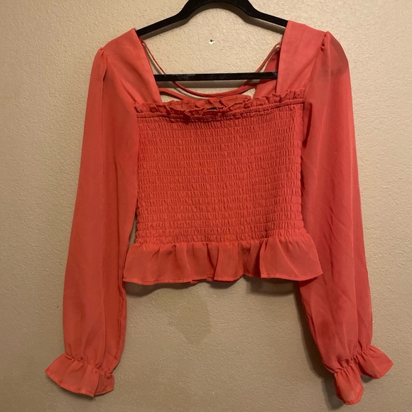 Miss Chevious Stretchy Crop Top semi Sheer Long Sleeve Size M Rust - Picture 2 of 9